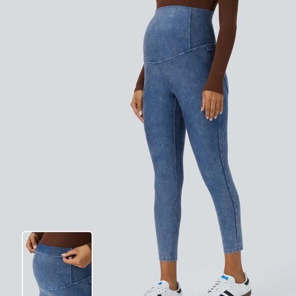 Halara Flex Super High Waist Stretchy Knit Denim Maternity 7/8 Leggings - Picture 1 of 5
